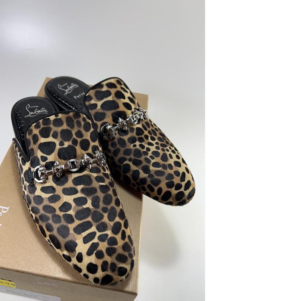 Coolito Swing Pony Fur Spike Buckle Leopard Mules Slide Flats E299